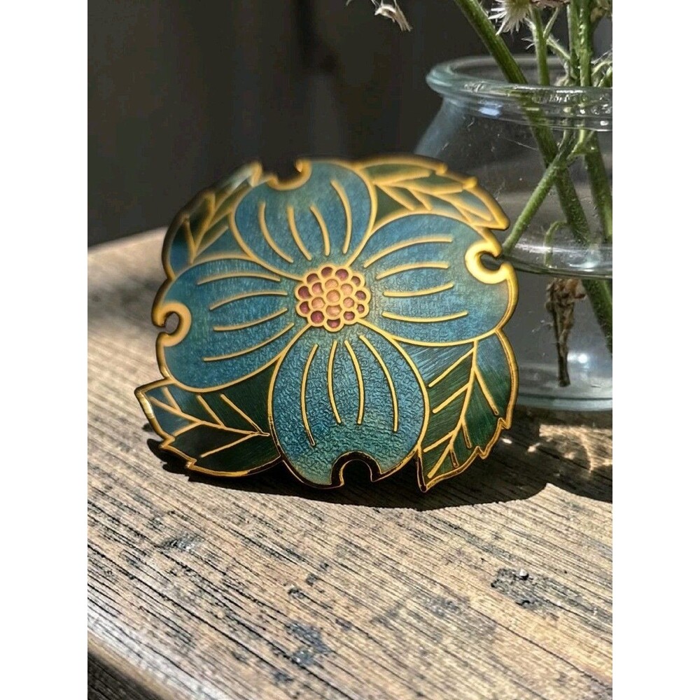 Vintage Cloisonne Blue Enamel Flower Brooch Pin